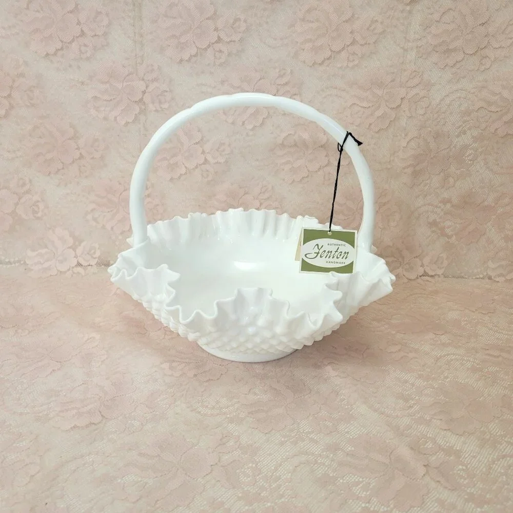Fenton Hobnail Milk Glass Basket in Original Box with Tag - Picture 7 of 7
